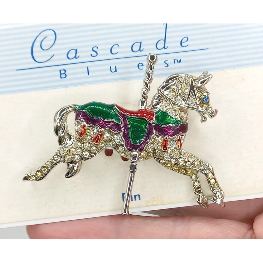 Vintage Carousel Horse Brooch Rhinestone Carnival Festival Enamel Silver Tone